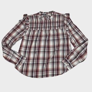 Loft Plaid Long Sleeve Smocked Top size Small Babydoll